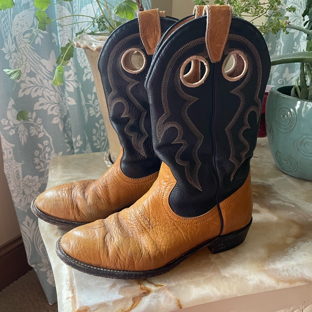 Vintage leather tan and black cowboy boots